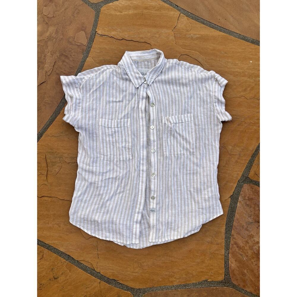 Rails Cito Women Medium Button Down Shirt Striped Short Sleeve Tan Cream Coastal